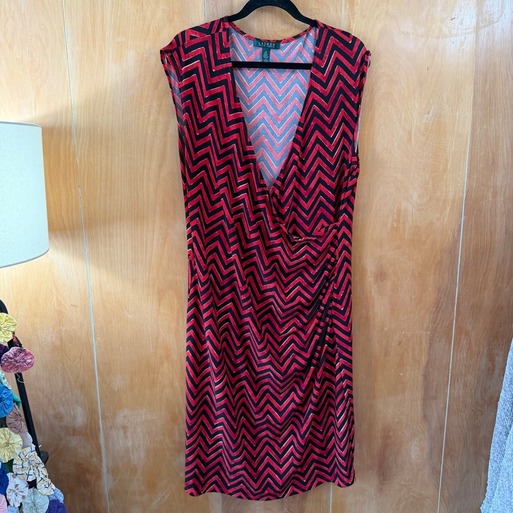 Lauren Ralph Lauren Red Black Chevron Zigzag Faux Wrap Sheath Dress 2X Plus Size